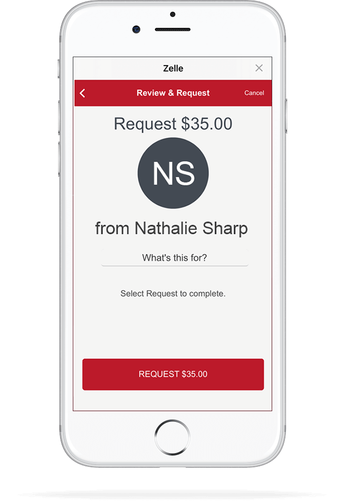 iPhone showing Zelle request money functionality.