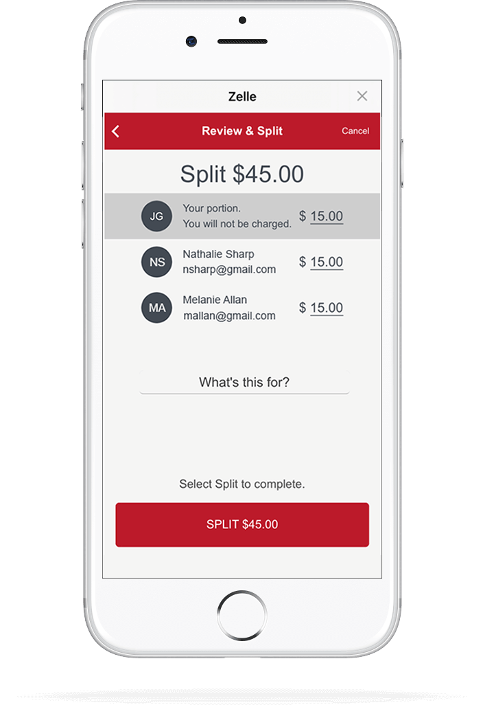 iPhone showing Zelle split money functionality.